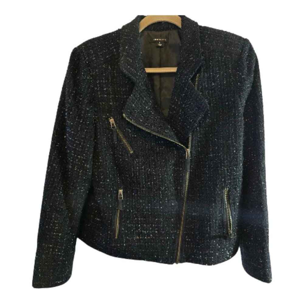 I HEART RONSON MOTO  METALLIC TWEED BIKER JACKET SIZE LARGE POCKETS LINED BLACK